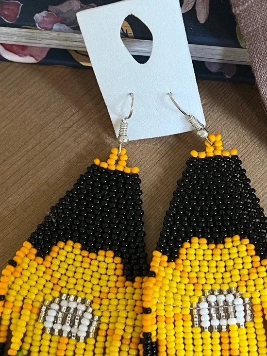 Handmade Beaded Sunflower Fringe Earrings - Yellow & Black - Picture 3 of 13